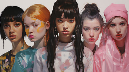 Several bright stylish teenage girls blonde, brunette, redhead in colorful clothes on a white background, banner, cartoon. Generation Zの素材