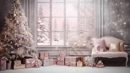 Pink room with Christmas trees, silver decorative balls, sofa, snowflakes, gifts. There is a snow-covered forest outside the window. Christmas cozy stylish room, without people. Stylish postcard. Happy New Yearの素材