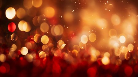 Abstract red background with gold blurred dots for design. Stylish perfect golden bokeh. Romantic background for Christmas, Valentine's day, Women's Day, New Year, birthday holiday. Greeting card, invitation to the celebrationの素材