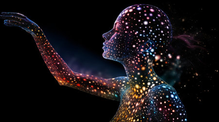 A hologram, multicolored stars, dots - the silhouette of a teenage girl on a black background. Silhouette of a person in the matrix, virtual reality, computer game. The concept of artificial intelligence and human. A man in the AI worldの素材