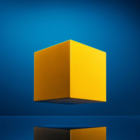 Bright yellow flying glass cube on a blue background, minimalism, texture, modernity. Levitation. Bright ideal stylish podium for your work. Unusual stand, pedestal baseの素材