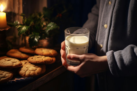 Oatmeal cookies with pieces of chocolate, arranged in a stack, a child's hand holding a glass of milk on a dark background. Christmas Treat for Santa. Food close-upの素材