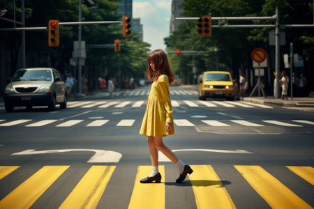 A schoolboy child crosses the road on a zebra crossing. A girl in bright yellow clothes crosses the road at a pedestrian crossing. Safety of pedestrian crossings. Child safety on the roadsの素材