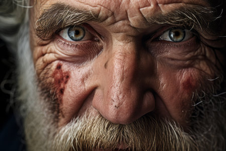 The wrinkled face of a very old man in close-up. Age-related changes. Taking care of the health of the elderly.の素材