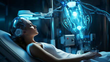A female patient lying on a bed next to a hologram display in the clinic. Technologies for the diagnosis, control and treatment of clinic patients. Safe medicineの素材