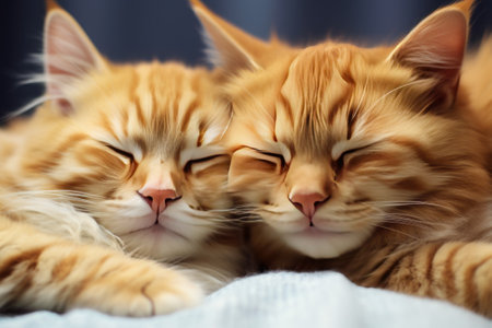 Two cute fluffy red kittens sleeping next to each other on a white blanket. Beautiful cat faces in close-up. The Cat familyの素材