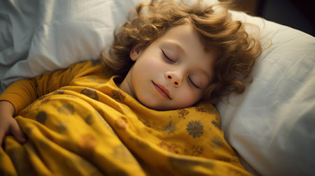 little girl in pajamas sleeping in bed. the problem of falling asleep in children. The importance of sleep for preschool and primary school childrenの素材