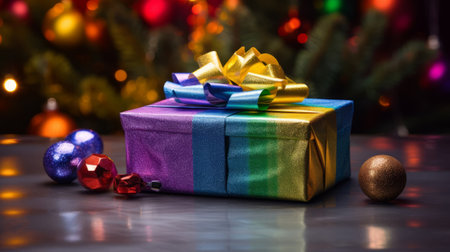 LGBT rainbow Christmas gift box for loved ones on the table with decorations, bokeh. LGBT Christmas, Valentine's Day.の素材