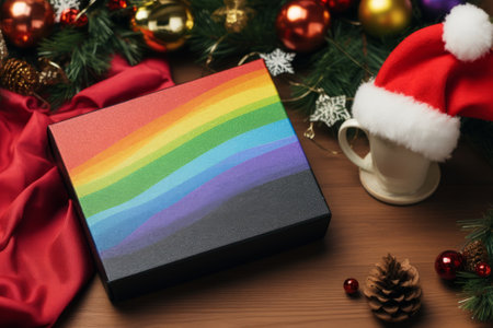 LGBT rainbow Christmas gift box for loved ones on the table with decorations, bokeh. LGBT Christmas, Valentine's Day.の素材