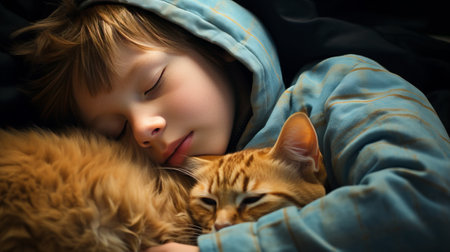 A little red-haired boy in pajamas sleeping next to a fluffy kitten in bed. The problem of sleep in children. Children and animals. Living together with pets.の素材