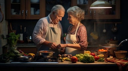 A happy smiling loving elderly couple in aprons are preparing a festive dinner in the kitchen. The interior of the kitchen with a boiling pot, vegetables, stove. Wrinkled faces, gray hair of the elderly.の素材