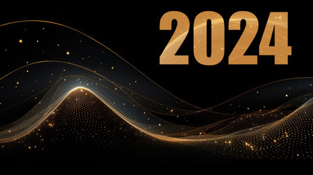 New Year 2024 on Abstract shiny gold wave design element with dot grid and glitter effect on black...
