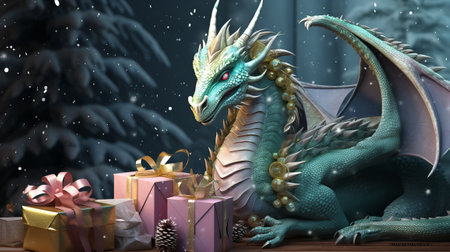 The Asian symbol of 2024. Stylish Christmas card - cartoon modern pink dragon next to gifts, falling snow and trees. Chinese New Year.の素材