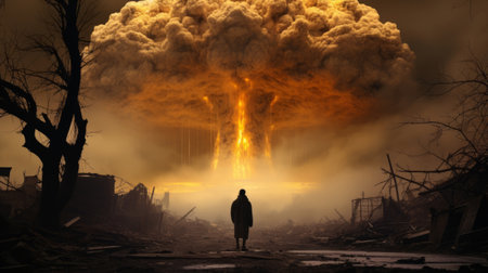The consequences of a nuclear war. The silhouette of a man against the background of the smoke of a nuclear explosion. devastation, ruins. An environmental disasterの素材