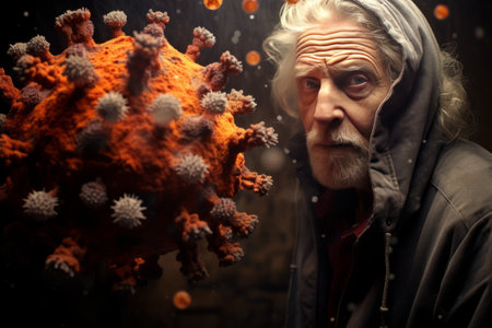 The Concept of Health. A man is attacked by viral cells. The disease process. Prevention of viral diseases. Covid. Flu.の素材