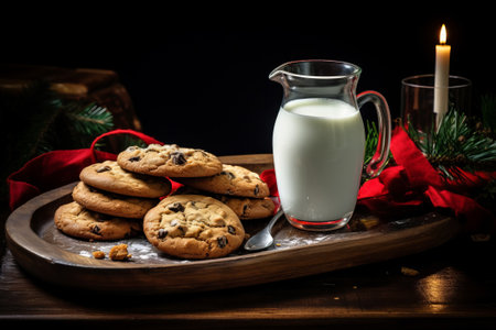 traditional christmas milk in glass, jug with cookies on Christmas lights background. A gift for Santa Claus. A glass of milk cookies with chocolate on a red napkin on the table. Waiting for a miracle in the New Yearの素材