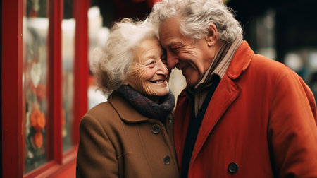 Portrait of a happy lover hugging an elderly couple, a man and a woman on the street, close-up. Wrinkled faces, gray hair of the elderly.の素材