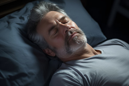 A middle-aged graying Arab man with a beard sleeping on a bed. A tired man. The businessman has a problem with sleep. Insomnia.の素材