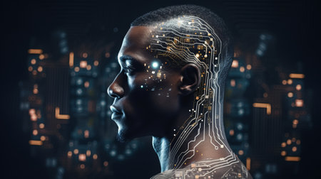 male black face with matrix digital numbers, dots, links, hologram, side view. The concept of artificial intelligence AI with a human face. A digital screen with a virtual reality face. Robotic wired head.の素材