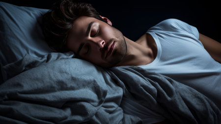 A young brunette Arab man in pajamas sleeping on a bed. A tired man. The problem with sleep. Insomnia. Sleep Quality.の素材