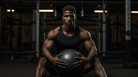 Portrait of a curly-haired African American man in gym clothes, vertical frame. Fitness and sports exercises. Healthの素材