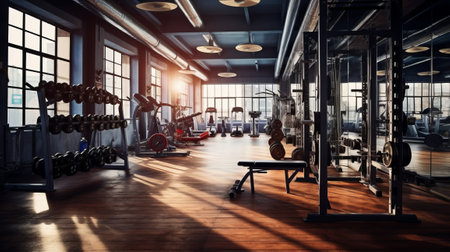 An empty gym with exercise equipment, sunlight. Fitness concept. Background to add to your photos.の素材