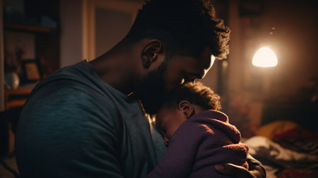 Black African American man hugging a baby in a nursery, cinematic light, sunlight. Father-child relationship. Dad holds his son in his arms. Father's Dayの素材
