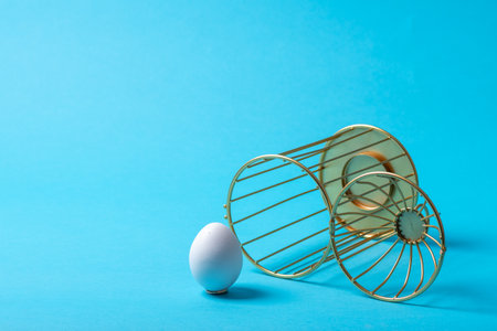 Upside down open cage with an egg outside on a blue background. The concept of liberation from slavery. The concept of change. The concept of psychology, emotions, inner world, feelingsの写真素材