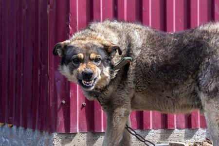 An angry, irritated dog tied on a leash looks at you, shows its teeth against the background of the fence. The dog guards the house from strangersの写真素材