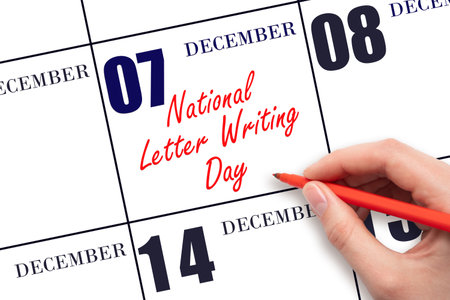 December 7. Hand writing text National Letter Writing Day on calendar date. Save the date. Holiday. Day of the year concept.の写真素材