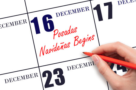 December 16. Hand writing text Posadas Navidenas Begins on calendar date. Save the date. Holiday. Day of the year concept.の写真素材