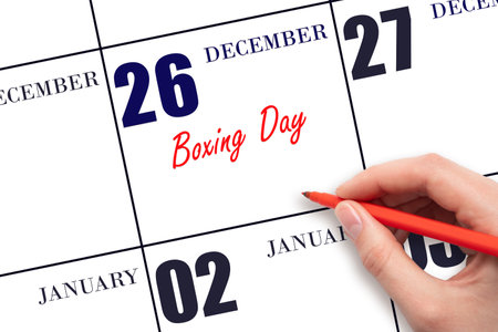 December 26. Hand writing text Boxing Day on calendar date. Save the date. Holiday. Day of the year concept.の写真素材