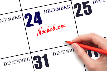 December 24. Hand writing text Nochebuena on calendar date. Save the date. Holiday. Day of the year concept.の写真素材