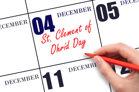 December 4. Hand writing text St. Clement of Ohrid Day on calendar date. Save the date. Holiday. Day of the year concept.の写真素材