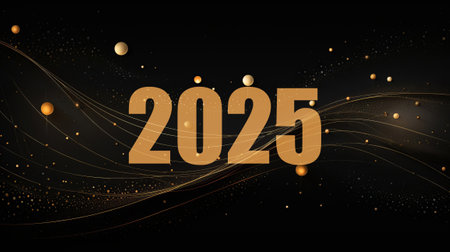 New Year 2025 on Abstract shiny gold wave design element with dot grid and glitter effect on black...