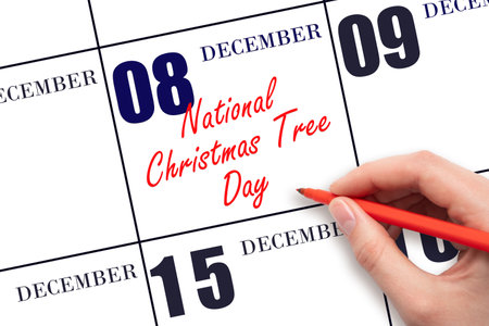 December 8. Hand writing text National Christmas Tree Day on calendar date. Save the date. Holiday. Day of the year concept.の写真素材
