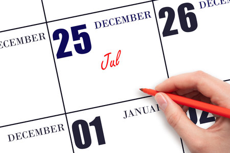 December 25. Hand writing text on calendar date. Save the date. Holiday.  Day of the year concept.の写真素材