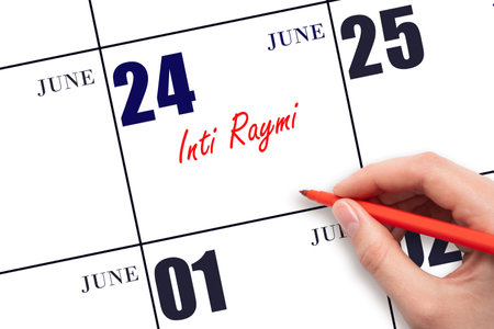 June 24. Hand writing text Inti Raymi on calendar date. Save the date. Holiday. Day of the year concept.の写真素材