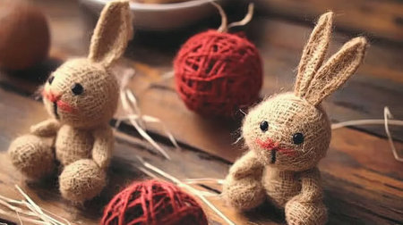 Cute burlap bunny toys with red yarn balls, arranged on a rustic wooden surface, creating a cozy and creative handmade decor concept.の素材