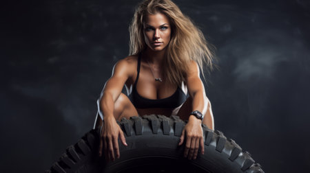 Fit woman in sportswear sitting on a large tire, confident expression, dark background, concept of fitness and strength.の素材