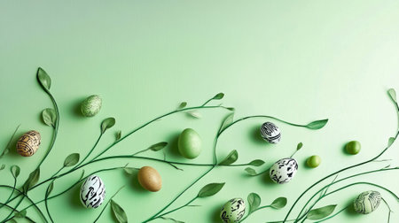 Vibrantly decorated Easter eggs floating among green leaves on a smooth green background, representing festive celebrations.の素材