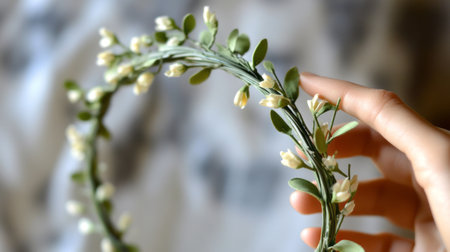 Close-up of a hand holding a delicate floral crown of small white flowers and green leaves, blurred background, bohemian concept.の素材