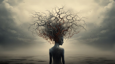 Silhouetted figure with twisting branch-like hair, standing against a misty horizon under dramatic skies, concept of surrealism.の素材