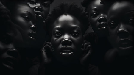 A dramatic portrait of a woman's face surrounded by overlapping faces in a dark monochromatic style, evoking emotion and mystery.の素材
