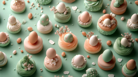 easter diy Pastel Paradise. Elegant pastel-colored Easter desserts decorated with eggs and floral details on a mint green background, embodying festive charmの素材
