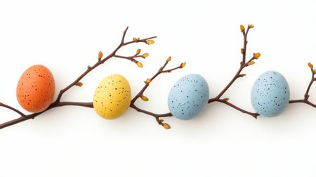 Artistic blue and white lace-patterned eggs on a blooming branch, set against a minimal white background. Easter concept.の素材