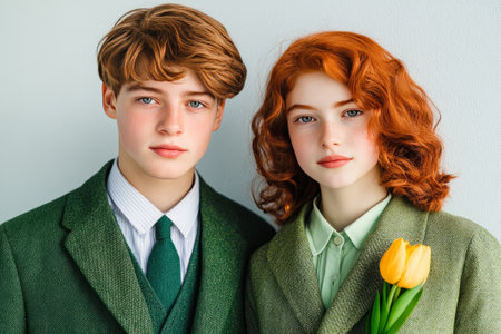 Siblings or friends posing in green formal clothing with a bright yellow tulip, against a soft gray background, symbolizing elegance. Vintage Easter Outfits. Ideas for dressing the part in old style attireの素材