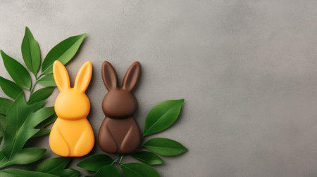 Chocolate bunnies neatly arranged on a dark gray background, showcasing smooth textures. Concept of Easter festive treats and confections.の素材