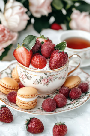 Soft-colored macarons with pink eggs and blossoms on a plate beside a cup of tea, evoking springtime eleganceの素材