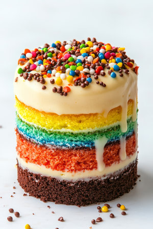 Beautiful multi-layered cake with green, orange, yellow, and brown layers, topped with vibrant spheres and sprinkles, on a white plate. Easter. Layered Rainbow Cakes. Adding a pop of colorの素材